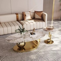 Ensemble Moderne de Petites Tables Basses de Luxe en Marbre Ovale Doré, Extensible en Acier Inoxydable, Design Élégant pour Salon et Meuble Central