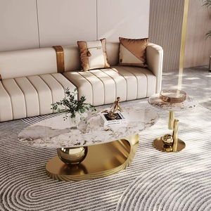 Juego de mesa de centro pequeña de oro ovalado de mármol de lujo moderno inoxidable extensible diseño elegante hogar sala de estar sofá centro Muebles - Product Image 1