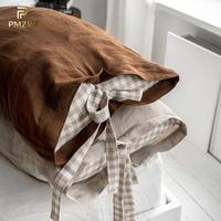 Housse de coussin en lin personnalisée avec fermeture à nœud papillon en ruban à carreaux, marron naturel, style ferme, pour la maison et l'hôtel