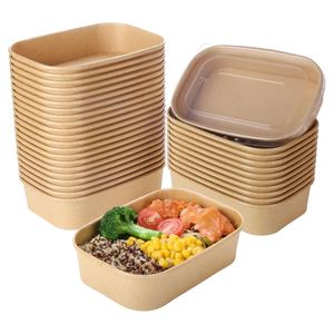 16 24 30 36oz Recyclable Disposable Single Wall Rectangular Brown Kraft Paper Soup Noodle Salad Food Bowl <b>Containers</b> with Lid - Product Image 1