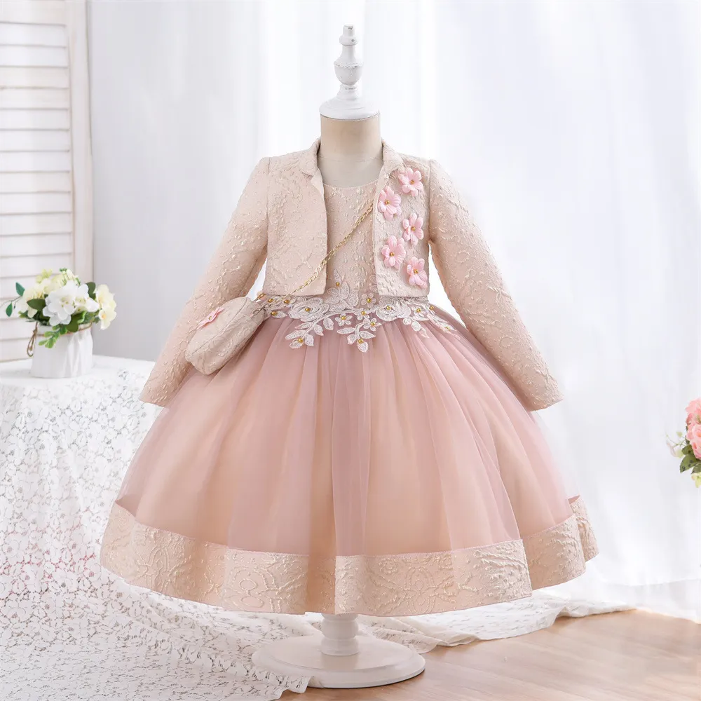 Children princess skirt girls show evening dress small host long sleeve two pieces autumn and winter infant girl wed dress