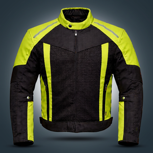 Blouson de moto pour homme à manches longues noir et jaune fluo, respirant, avec blocs de couleur et impression réfléchissante, pour toutes les saisons - Product Image 1