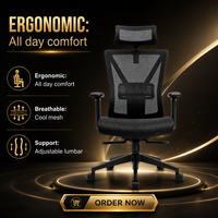 Chaise de bureau ergonomique Yazhi noire à dossier haut, dossier en maille, pivotante, avec accoudoirs réglables et soutien lombaire pour le bureau