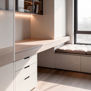 Libreria Moderna Premium con Cornice Nera Effetto Legno Chiaro, Porta in Vetro, Scrivania Integrata, Cassetto, Panca con Finestra, Montaggio a Parete per Camera da Letto - Product Image 2