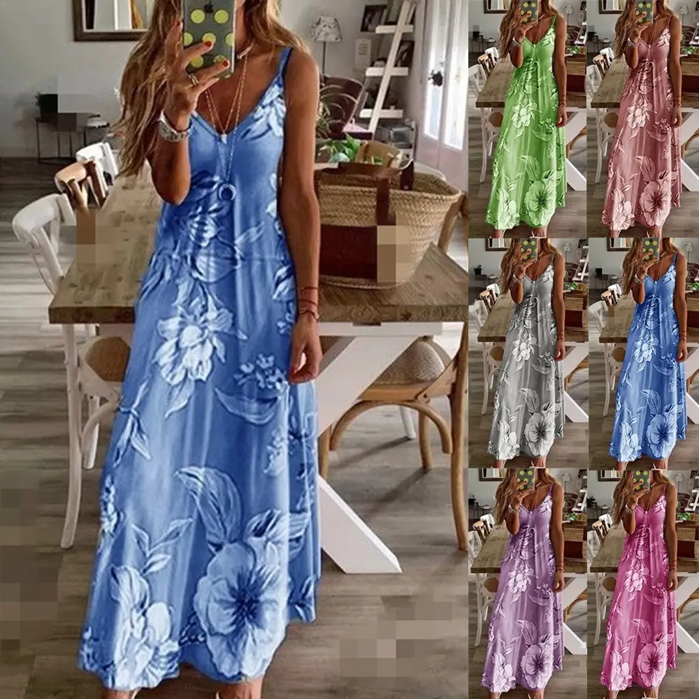 Factory Custom Hot Sale V-Neck Sleeveless Casual Women Floral Print Maxi Summer Dress