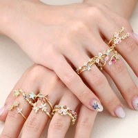 Set Cincin Tumpuk Lapis Emas FY Fashion Trendy Jewelry, Motif Ranting Bunga Bintang Hati Kristal Rhinestone
