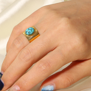 Turquoise Ribbed Wide Facet <b>Open</b> <b>Ring</b> 18K Gold Plated Geometric Design Unisex Jewelry Party Accessory - Product Image 2