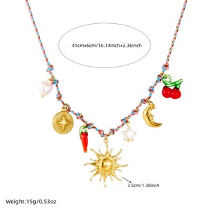 Fashion Beaded Necklace Gold Plated Sun Moon Star Chili Pepper Pendant Woven Cord Multi Element Design - Product Image 4