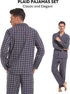 Set pigiama <span class=keywords><strong>da</strong></span> <span class=keywords><strong>uomo</strong></span> in flanella di cotone 100% leggero in seta traspirante per il sonno estivo morbido Plaid - Product Image 3