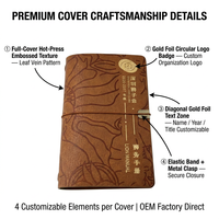 Carnet de voyage personnalisé en cuir PU avec couverture gaufrée, impression à chaud dorée, bloc de texte diagonal, reliure à clip latéral, kraft naturel