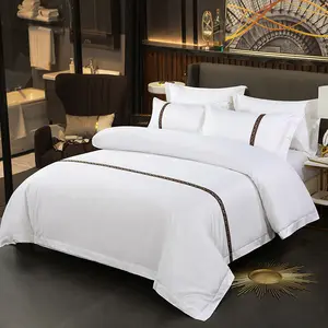 Luxury hotel duvet cover bedding set 100% cotton bed sets Solid White with Dual Stripe Embroidered Border Hotel Bedding