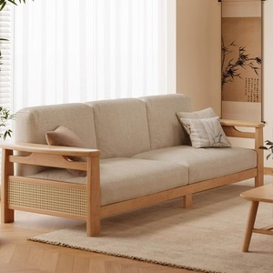 Sofá de Madera Maciza de Tres Plazas en Línea Recta para Sala de Estar, Estilo Chino, Tapizado en Tela de Ratán - Product Image 3