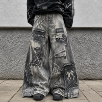 DiZNEW Jean baggy pour homme, patchwork effiloché, délavé effet boue, coupe large, avec patch de marque en cuir personnalisé, faible MOQ, direct usine