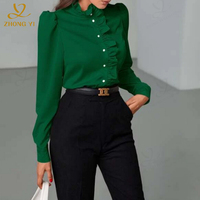Camisas de chifón de otoño para mujer a la moda personalizadas al por mayor, blusas de manga larga amarillas, ropa plisada en el pecho, ropa de oficina, blusa