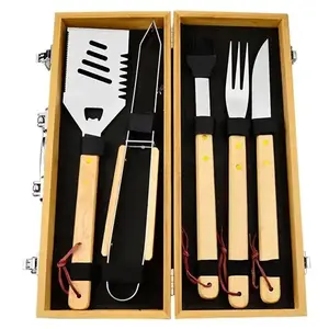 Conjunto de ferramentas para churrasco portátil, kit de acessórios para churrasqueira com caixa de madeira ecológica, 5 peças