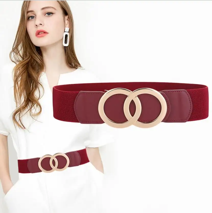 Fashion double round buckle real leather elastic belt multi-color Ladies stretch belt