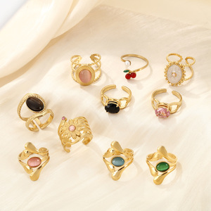 خاتم نسائي رائج من الفولاذ المقاوم للصدأ المطلي بالذهب بتصميم عتيق مع حجر طبيعي، مجوهرات بسيطة للبيع بالجملة - Product Image 1