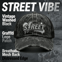 Casquette Trucker Unisexe Rétro Noire Délavée avec Dos en Maille, Patch en Caoutchouc Graffiti Éclair, Respirante, Visière Courbée Effet Vieilli, Style Décontracté