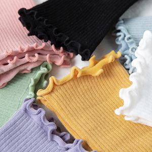 Chaussettes pour femmes, chaussettes pour femmes mignonnes à double aiguille de couleur unie à volants avec bords volantés chaussettes douces - Product Image 2