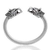 Vintage Pirate Double Wolf Head Offenes Armband Edelstahl Twisted Cable Cuff Bracelet Herren