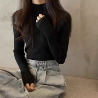 Damesmode Effen Kleur Pullovers Lange Mouwen Stretch Tops Halter Kraag Zachte Dunne Trui Voor Lente Seizoen Platte Gebreide Print