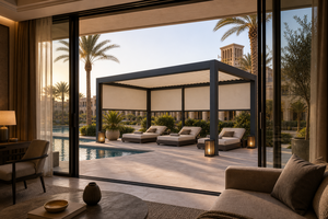 Pérgola retráctil motorizada RKOVE RK-S4, vista panorámica, resistente al viento y la lluvia, luz LED ambiental con pantalla de privacidad - Product Image 3