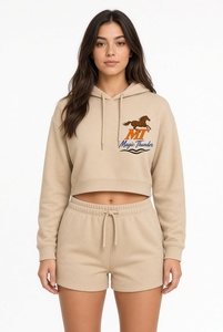 Best Quality Black Cropped <b>Hoodie</b> <b>and</b> <b>Shorts</b> <b>Set</b> 2 Piece Tracksuit Casual Drawstring Outfit - Product Image 3