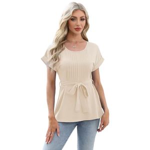 Camiseta de Manga Corta con Cuello Redondo y Volantes en la Cintura, Color Sólido, para Mujer, Estilo Europeo Americano, Venta al Por Mayor - Product Image 6