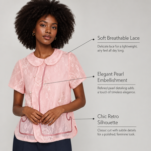 Elegante Camicetta Rosa <span class=keywords><strong>in</strong></span> <span class=keywords><strong>Pizzo</strong></span> da Donna con Colletto Peter Pan, Top Floreale Jacquard Estivo Vintage Dolce a Maniche Corte con Bordo a Contrasto - Product Image 5