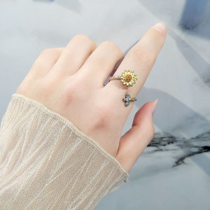 Trendy Claw Insert Orange Zircon Rotating Sunflower Ring Copper Gold Plated <b>Bee</b> Flower Open Rings Anti Anxiety Jewelry For Women - Product Image 2