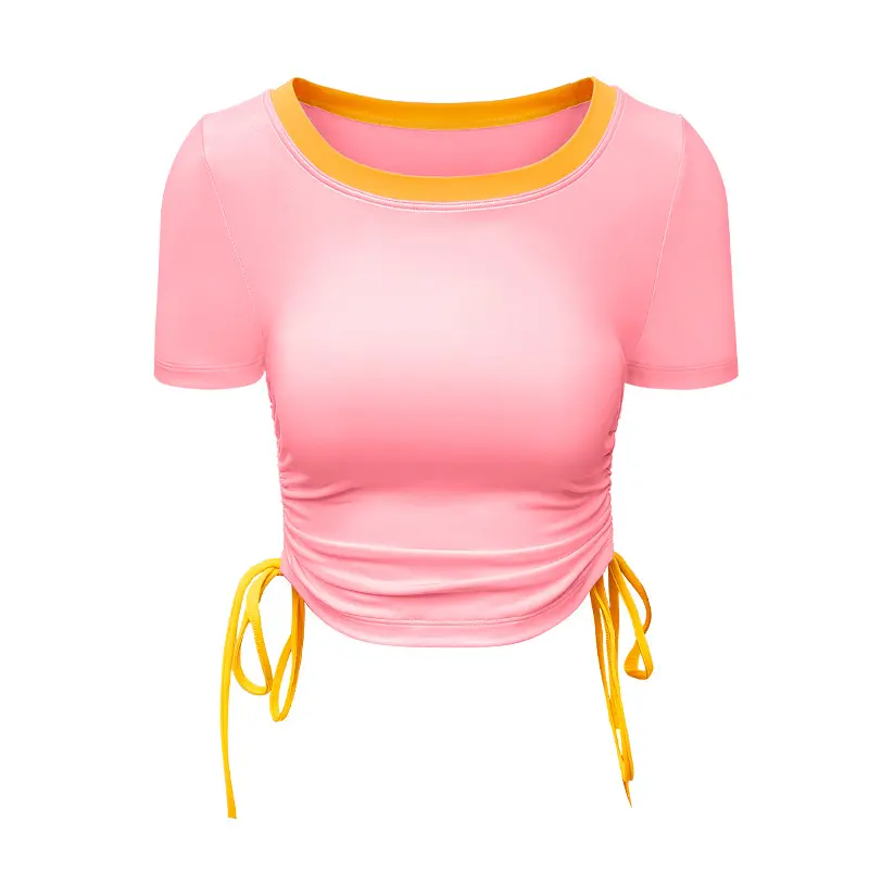 2023Spring Summer New Fashion Elegant Bodycon Double-sided Lace-up Yoga Clothes Short Sleeve Sports Running Fitness Top Women