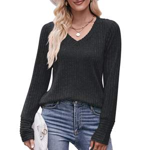 2023 otoño nueva moda Simple Top Ground Wool Pit Strip cuello en V Color sólido mujeres cómoda Camiseta de manga larga - Product Image 3