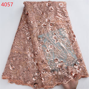 4057 precio al por mayor tela de encaje africano de lujo con cuentas y diseños de perlas Aso Oke para ropa de fiesta de mujeres nigerianas - Product Image 3