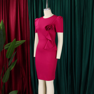 Ultimo Design <span class=keywords><strong>Abito</strong></span> <span class=keywords><strong>Midi</strong></span> <span class=keywords><strong>Estivo</strong></span> Tinta Unita da Chiesa per <span class=keywords><strong>Donna</strong></span>, Casual Elegante con Fascia in Vita, Scollo a O, Manica Corta e Volant, Stile Africano - Product Image 2