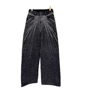 กางเกงยีนส์เอวสูงแฟชั่นวินเทจสำหรับผู้หญิงกางเกงยีนส์ขาตรงแบบลำลองระบายอากาศติดคริสตัลพลอยเทียมสำหรับฤดูหนาวและฤดูร้อน - Product Image 1