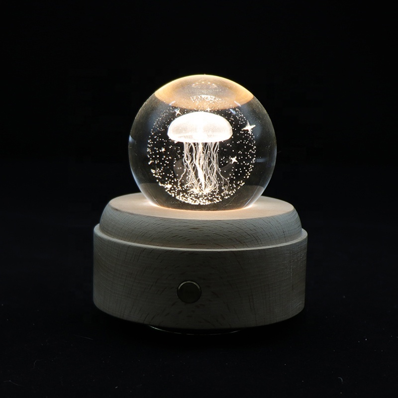 Battery Powered 3D Crystal Ball Night Light Music Box Rechargeable Wooden LED Table Lamp Crystal Ball Lamp for Bedroom