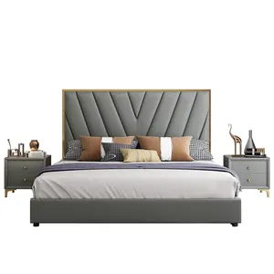 高品质简约设计卧室家具套装大床平台床架特大皮革现代金属床