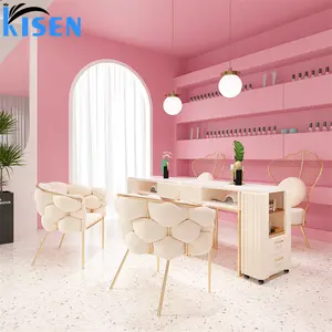 Kisen Light Luxury Hot Selling Beauty Nail Salon Furniture Double Seats Manicure Table Nail Technician Desk For Nail Salon