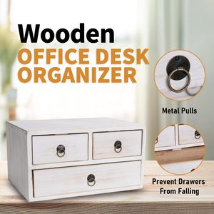 Small White <strong>Wooden</strong> Desk <strong>Storage</strong> <strong>Box</strong> 3 Wire Drawers Single Tier Rectangle Multifunction Lacquered Organization Home Office - Product Image 5