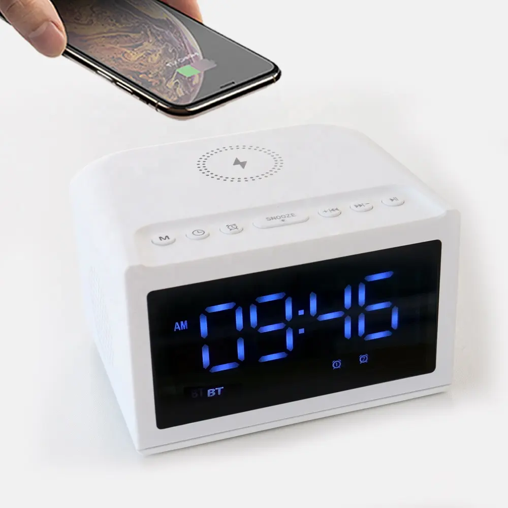 2022 New Multifunction Time Display 3 In 1 Digital Alarm Clock Wireless Charger Large Blue Tooth Speaker With Led Night Light