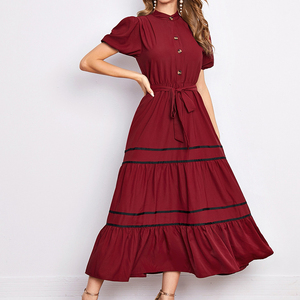 Robe midi décontractée à manches bouffantes et ourlet à volants, couleur unie, best-seller - Product Image 3
