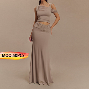 Clothing Manufacturer High Quality One Shoulder Knitted <strong>Jersey</strong> <strong>Maxi</strong> Long <strong>Skirt</strong> 2 Piece Women's Sets - Product Image 1
