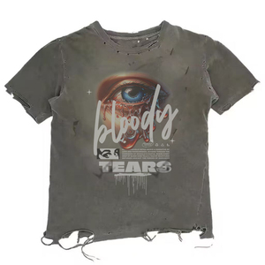 T-shirt da uomo personalizzata con stampa DTG, taglio <span class=keywords><strong>e</strong></span> cuciture su misura, effetto vintage acid wash, orlo sfrangiato <span class=keywords><strong>e</strong></span> strappato, 100% cotone, vestibilità slim, estiva - Product Image 1