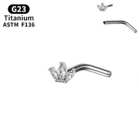 Anting Hidung Titanium F136 Bentuk Bunga Hati dengan Zirkon, Pin Bentuk L, Perhiasan Tindik Grosir