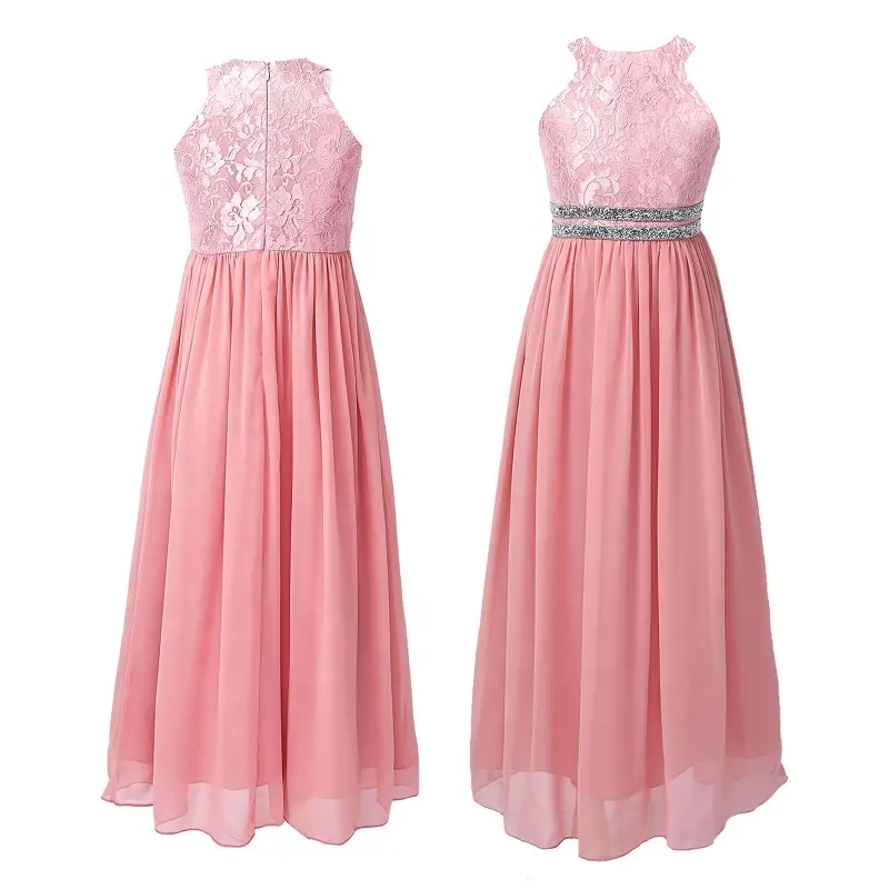 2021 Kids Girls Halter Neck Floral Lace Sleeveless Chiffon Wedding Bridesmaid Party Gown Dress