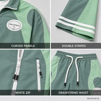 Ensemble 2 pièces veste et short de survêtement pour homme, manches courtes, color block, en nylon, fermeture éclair intégrale, col polo, avec patch badge personnalisé, fabrication sur mesure