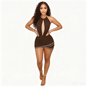 Vestido Halter con Aberturas y Fruncido, con Borlas de Cuentas en el Bajo, Personalizado, Bajo MOQ, Venta al por Mayor, Teñido Liso, Transpirable, Antiestático, Sehe Fashion - Product Image 2