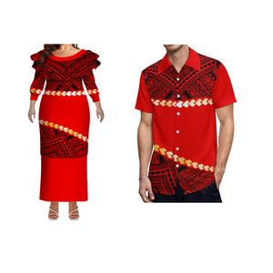 1MOQカスタムラージサイズハワイサモアプリントレディー長袖ドレスPuletasiドレスとアロハメンズカジュアルシャツセットカップル2個入り - Product Image 3