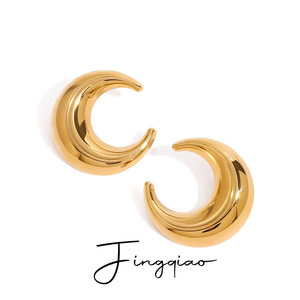 Yueli <b>Moon</b> Huggie <b>Earrings</b> 18K Gold Plated Stainless Steel Geometric Design Gift Jewelry - Product Image 1