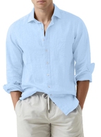 Chemises boutonnées à manches longues en coton et lin uni pour hommes avec impression numérique sur la poche avant pour la détente
